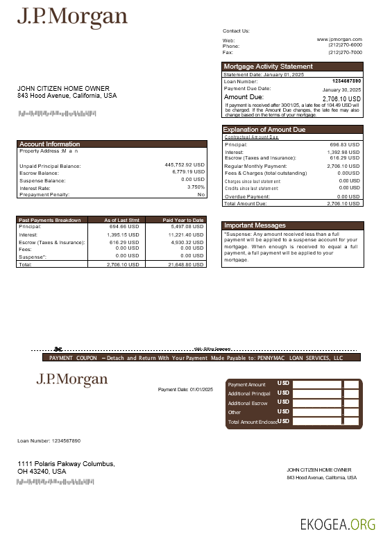 Relevé hypothécaire de la banque USA JP Morgan aux formats Word et PDF